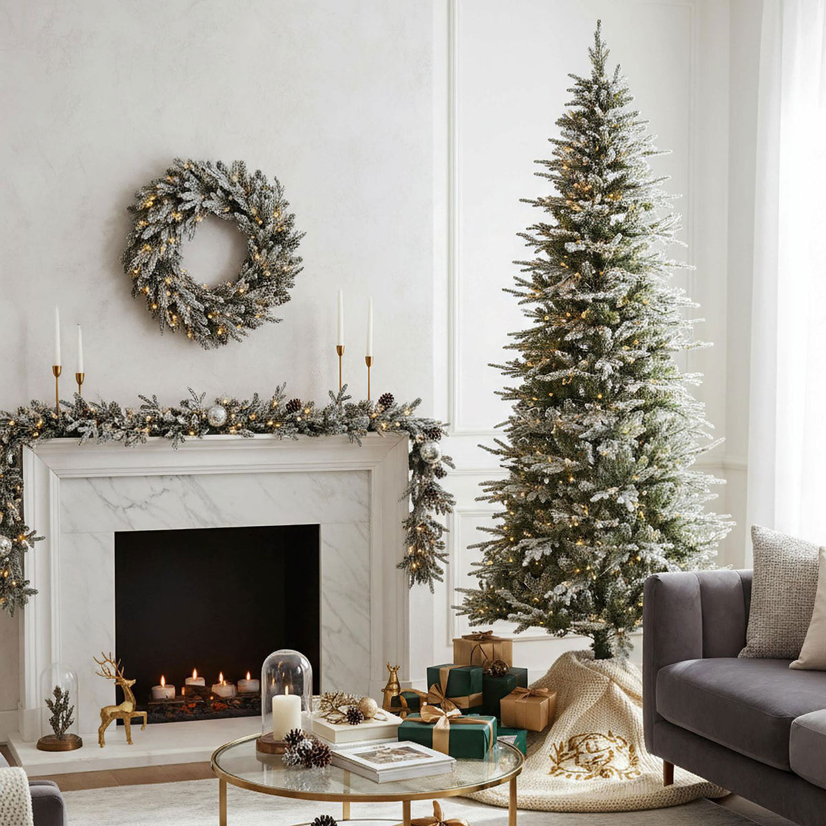 7.5 ft Pre-Lit Natural Cut Flocked Spruce Christmas Tree with 500 Warm White LED Lights and 2270 Tips