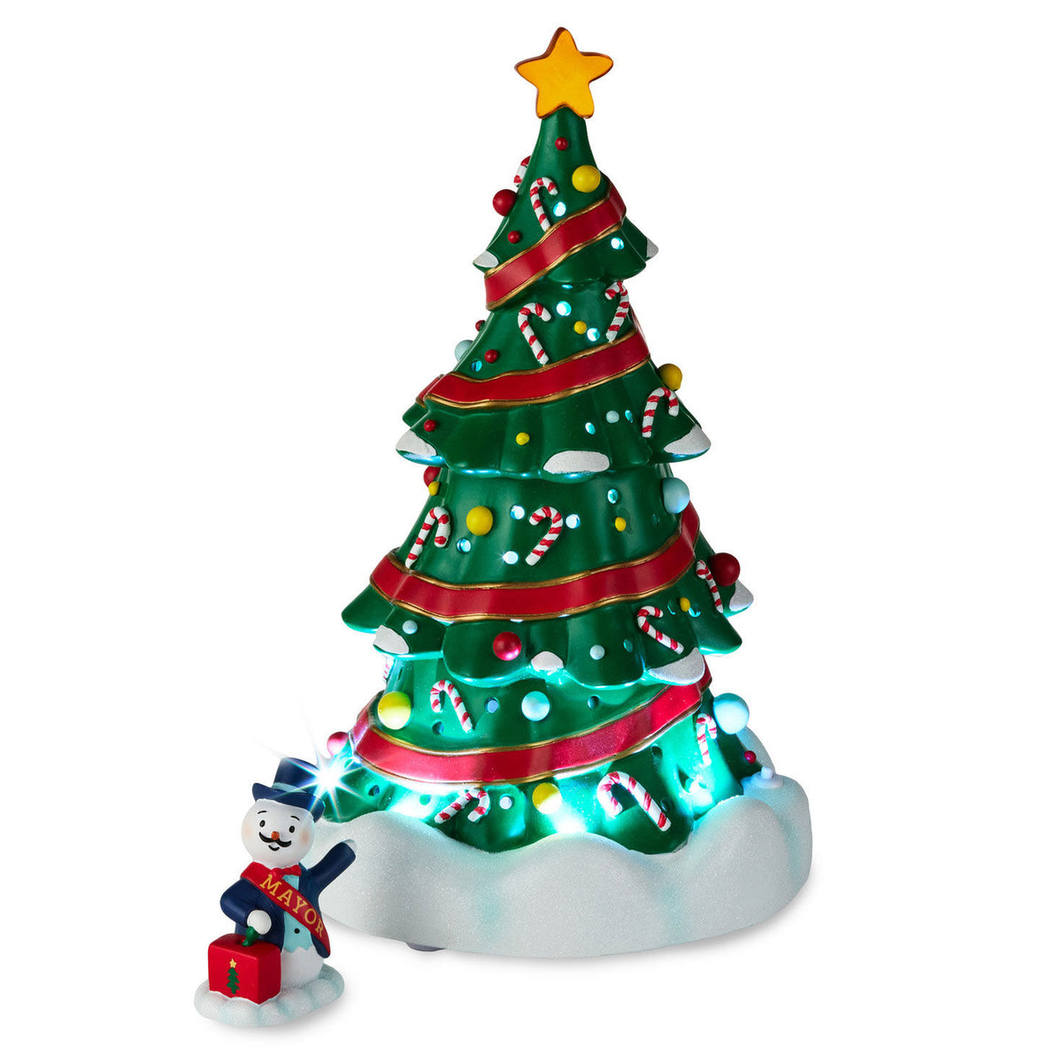 Magic Snowman Village Musical Christmas Tree and Mayor Tabletop Decorations With Light, Set of 2