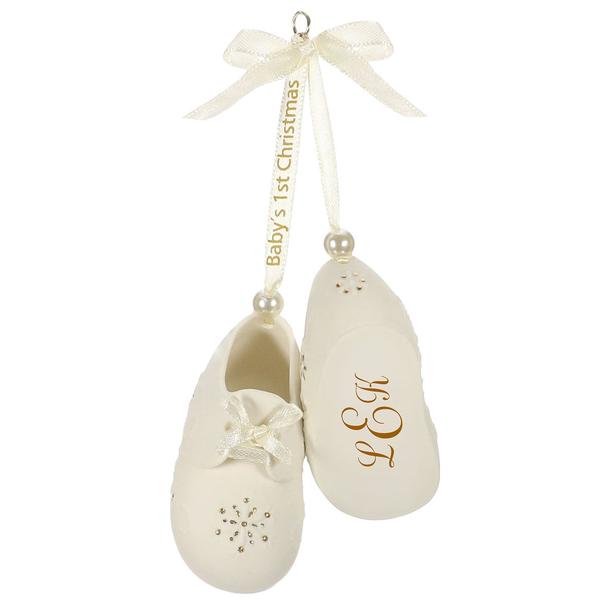 Baby’s First Christmas Monogram Booties Porcelain Personalized Ornament, Custom Text