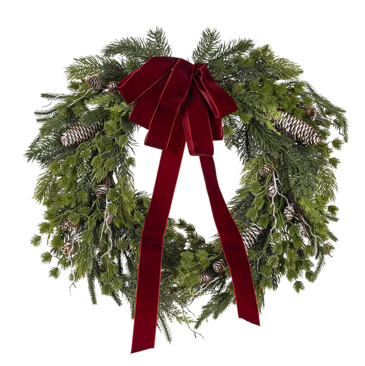 24 in Natural Pine Christmas Wreath with Red Velvet Bow