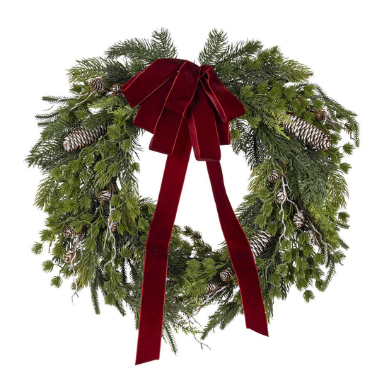 24 in Natural Pine Christmas Wreath with Red Velvet Bow