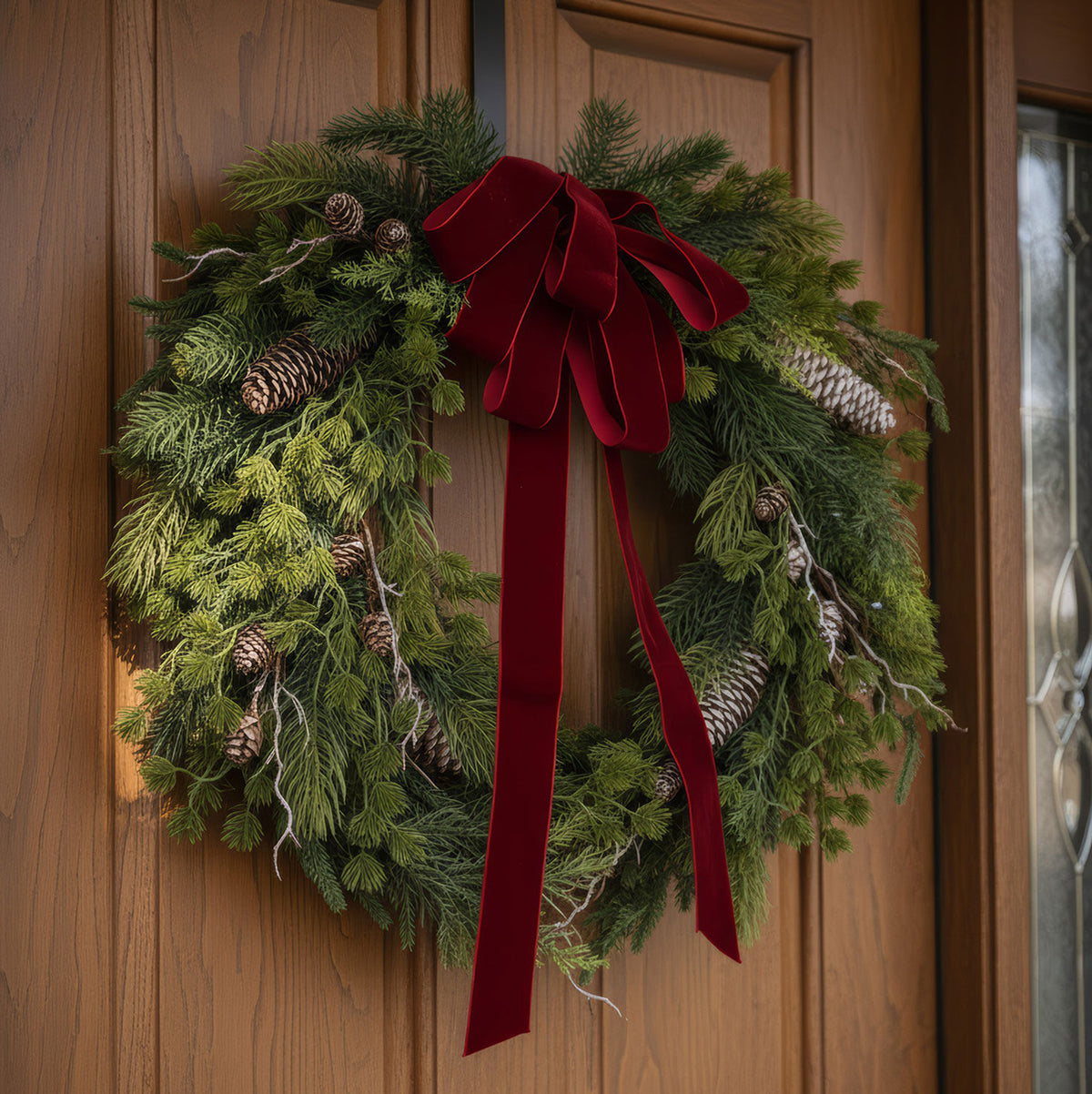 24 in Natural Pine Christmas Wreath with Red Velvet Bow