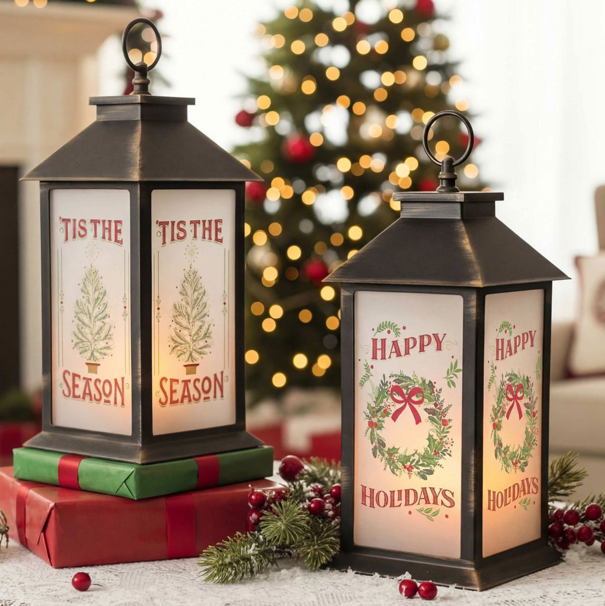 Battery-Operated Black Fireglow Christmas Lantern with Timer 12 in