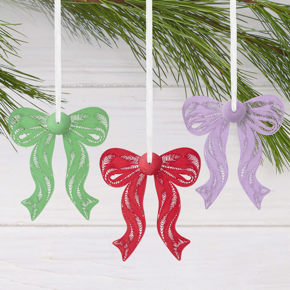 Elegant Bow Quilled Paper Hallmark Ornaments, Set of 4