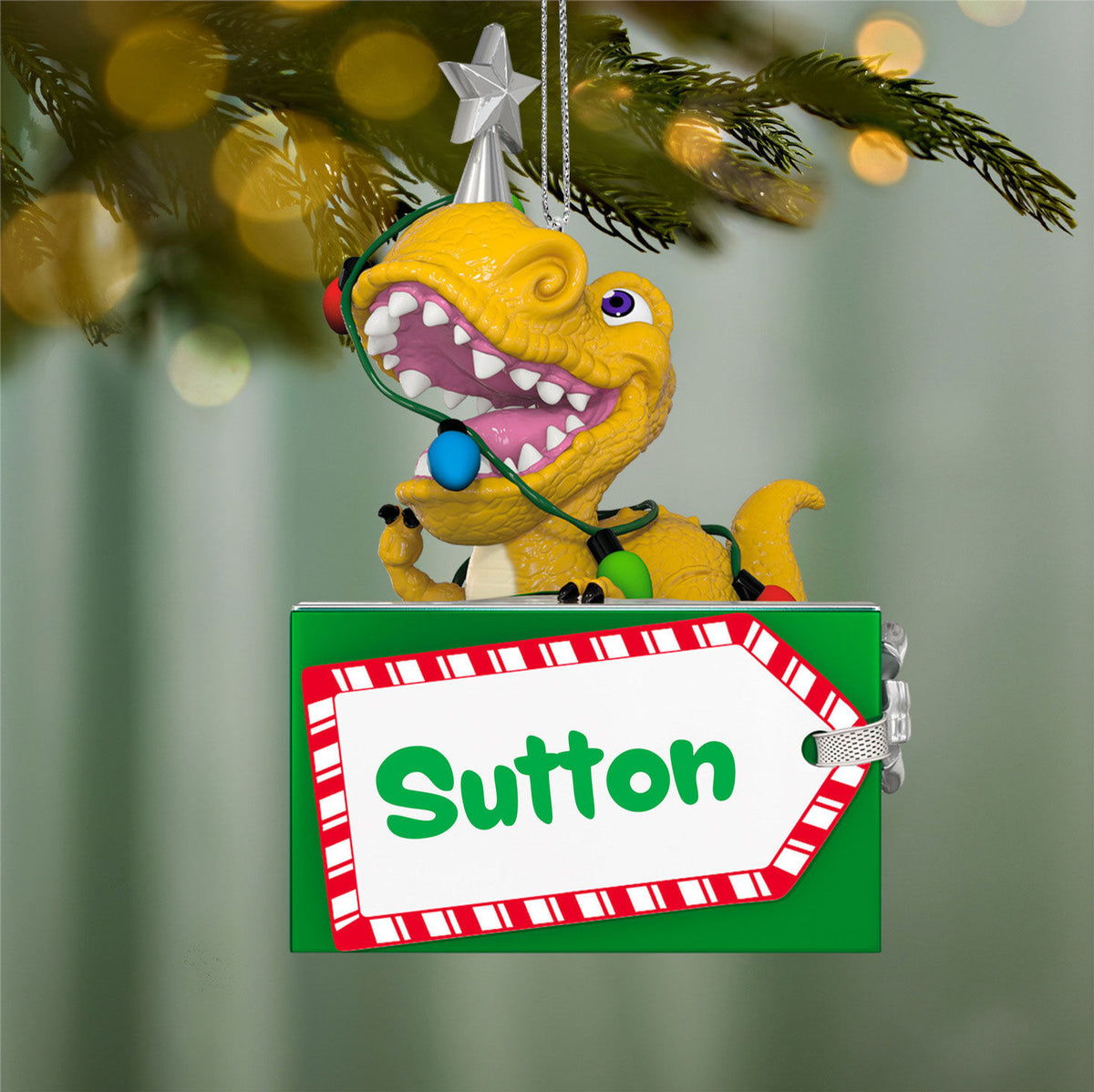 Festive Dinosaur Personalized Ornament, Custom Text