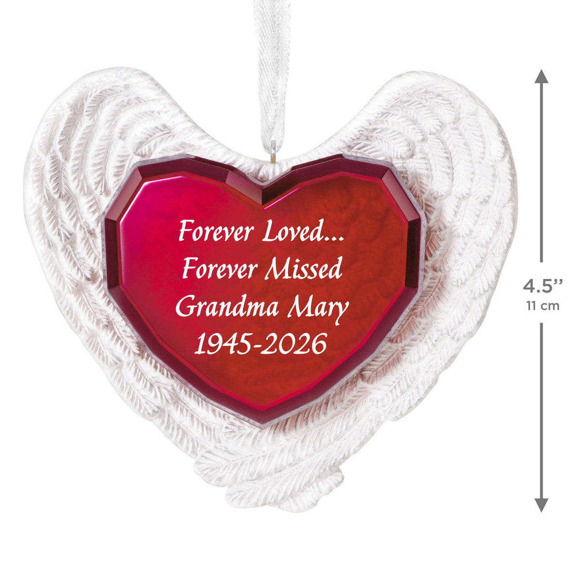 Forever Loved Memorial Heart and Angel Wings Personalized Ornament, Custom Text