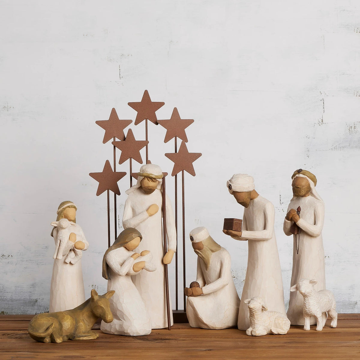 Nativity Starter Figures plus The Three Wisemen and Metal Stars, 10-piece Set