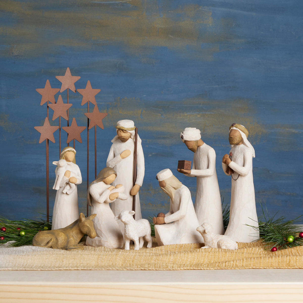 Nativity Starter Figures plus The Three Wisemen and Metal Stars, 10-piece Set